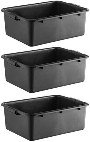 3-Pack 20" x 15" x 7" Commercial Bus Tub/Bus Box - 9 Gallons without Lid - Stackable Dish Storage Boxes for Home Kitchen, Pantry, or Garage Organization – Heavy-Duty and Freezer-Safe - Black by SunSierra