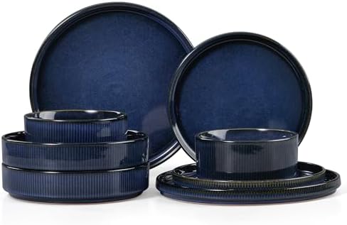 LIANYU Dinnerware Sets with Pasta Bowls, 8 Piece Ribbed Plates and Bowls for 2, Modern Ceramic Stoneware Dishes for Kitchen Dining, Microwave and Dishwasher Safe, Twilight Blue by LIANYU