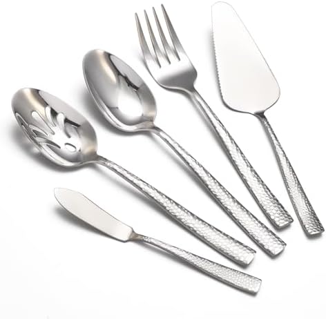 Large Hostess Serving Utensils Set, Stainless Steel Heavy Duty Hammered Serving spoons, Slotted Spoons, Serving Fork, Cake Server, Butter Knife, Dishwasher Safe（Silver） by Remoxye