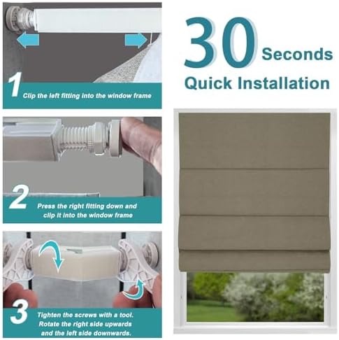 Changshade No Drill Roman Shades Cordless Blinds Blackout for Indoor Windows, Room Darkening Black Out Tension Rod No Hardware No Tools Inside Mount, Shade Size 25 Inches Wide 64 Inches High, Brown - Image 4