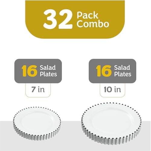 PLASTICPRO 32 Piece Combo Plastic Dinner Plates Disposable Plastic Fancy Heavy Duty Party Dishes 7 inch and 10 inch, White and Black Beaded - Image 4