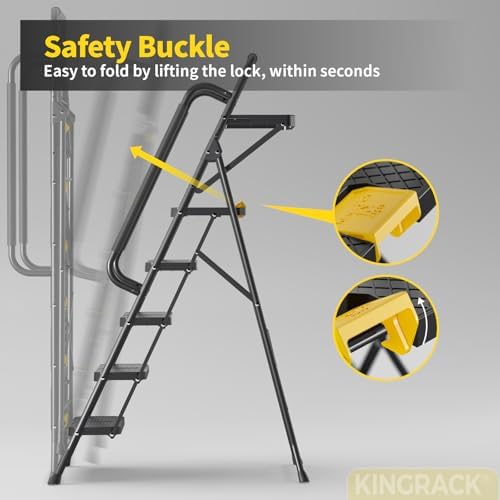 KINGRACK 5 Step Ladder, Sturdy Steel Step Stool with Anti-Slip Wide Pedals, Handrail, Safe-Lock Design, 800lbs Folding Portable Ladder for Multi-Purpose, Home, Kitchen - Image 3