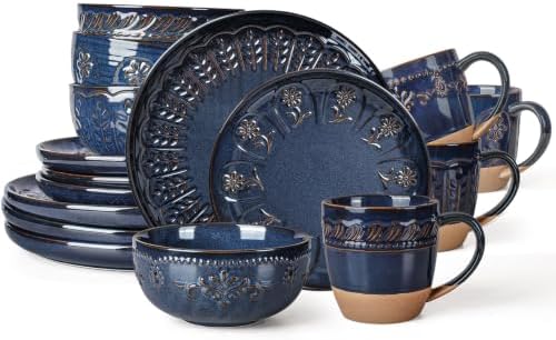 Artena 16-Piece Handcrafted Ceramic Dinnerware Set with Mugs, Service for 4 – Reactive Glaze Embossed Plates, Bowls & Mugs, Dishwasher & Microwave Safe, Blue, Multiple Patterns by Artena