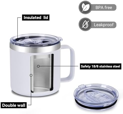 VEGOND 14 oz Insulated Coffee Mug Bulk with Handle, Stainless Steel Travel Coffee Mug with Lid, Double Wall Vacuum Metal Coffee Cup, Coffee Tumbler Powder Coated, White 8 Pack - Image 3