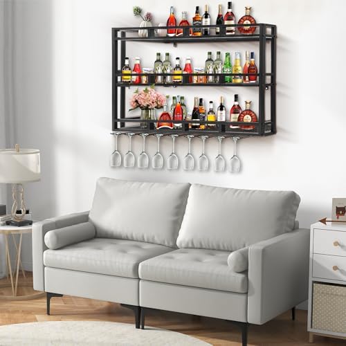 39 Inch Metal Wine Rack Wall Mounted, Bar Shelves for Liquor Bottles with LED Light, 3 Tier Large Capacity Liquor Rack Wall Mounted with Glass Holder for Home Bar & Dining Room, Black - Image 3
