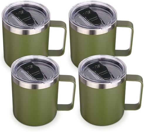 Volhoply 14oz Insulated Stainless Steel Coffee Mug with Lid Bulk 4 Pack,Double Wall Vacuum Travel Coffee Cup with Handle,Reusable Cups Tumbler,Camping Mugs Keep Hot,Ideal Gifts(Army Green,4) by LiveFully%EF%BC%8CDrinkFreely%E2%80%94KeepGoingwithVolhoply%EF%BC%81