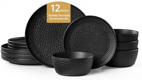 KINGSTONE 12-Piece Hammered Ceramic Dinnerware Sets, Matte Black by KINGSTONE
