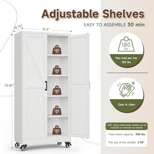 Letaya Metal Garage Storage Cabinets with Wheels,71" White Kitchen Pantry - Image 3