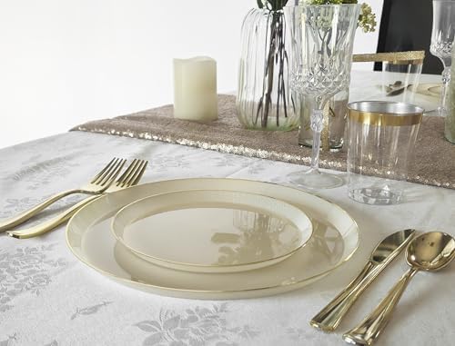 " OCCASIONS " 120 Plates Pack,(60 Guests) Heavyweight Premium Wedding Party Disposable Plastic Plates Set -60 x 10'' Dinner + 60 x 7'' Salad/Dessert (Reef - Ivory & Gold) - Image 4