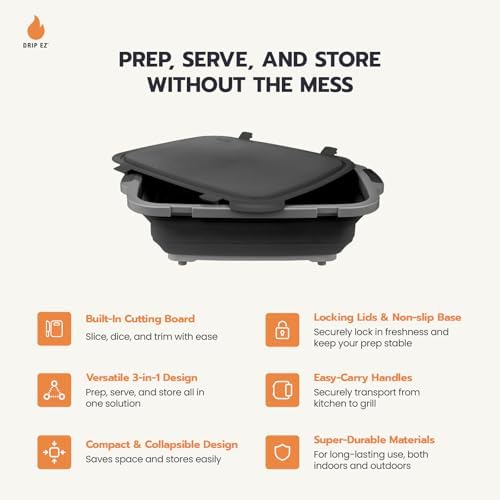 Drip EZ Collapsible BBQ Prep Tub - for Meal Prep Marinating Food Storage - Includes Cutting Board & Locking Lid - (1) JR - Black - Image 3