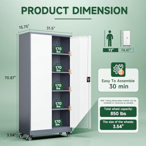 Letaya Metal Garage Storage Cabinets with Lock Door and Adjustable Shelves, Steel Tool Cabinets for Home,Office,Warehouse Organisieren (Grey White, 74.41" H) - Image 3