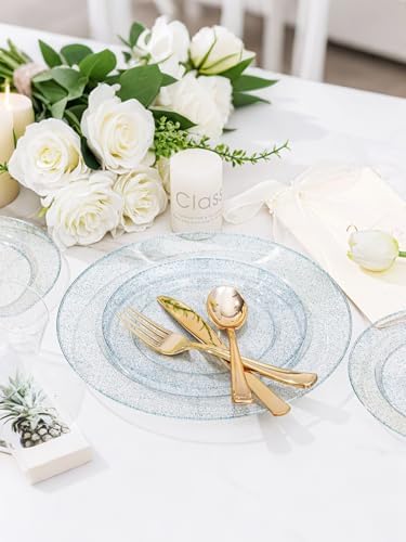 WDF 200PCS Blue Plastic Plates - Blue Glitter Plastic Plates - Heavy Duty Disposable Plates - Include 100 Dinner Plates 10" and 100 Dessert Plates 7" for Parties/Wedding/Birthday - Image 3
