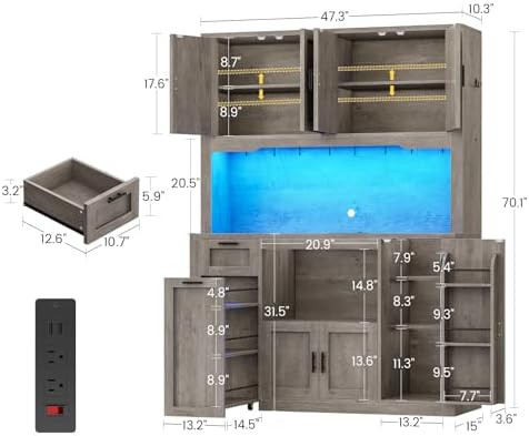 Itaar 71" Pantry Cabinet with Charging Station and LED Light, Kitchen Pantry Cabinet with Microwave Stand, 47.2" Wide Kitchen Storage Cabinets with Storage Cart 3 Tier for Dining Room, Grey - Image 2