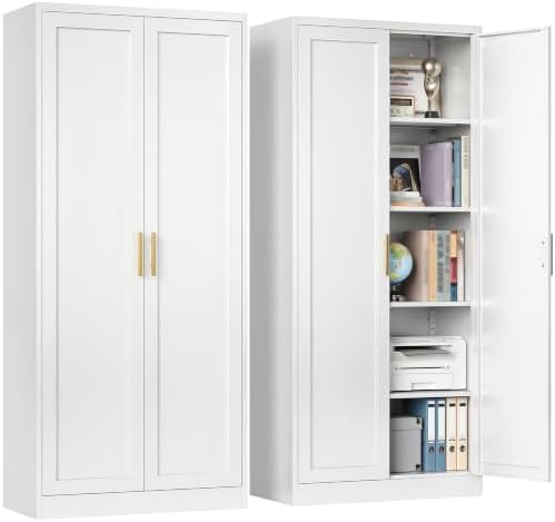 BESFUR 71" Tall White Kitchen Pantry Cabinet, Metal Food Storage Cabinet with 4 Adjustable Shelves, Freestanding Cupboard with Doors for Kitchen, Dining Room, Living Room, Bathroom, Laundry Room by BESFUR