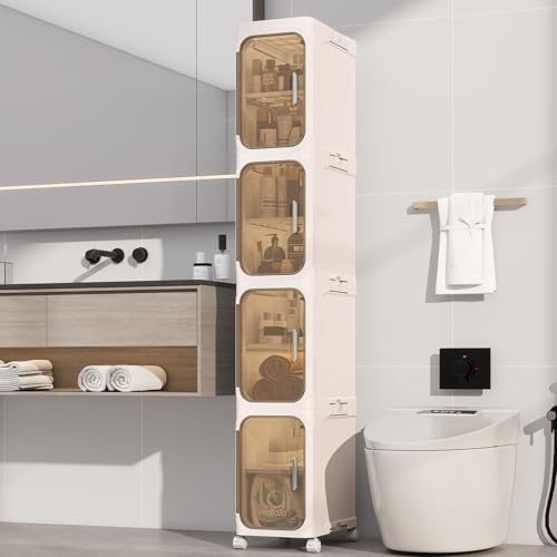 4 Tier Slim Bathroom Storage Cabinet, Foldable and Movable, Beige by Neathub