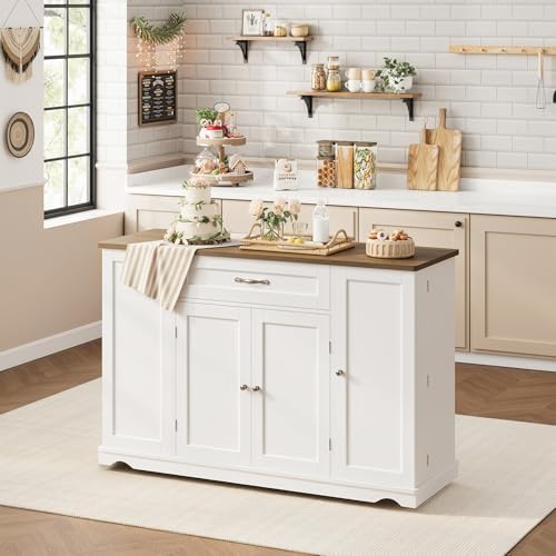 HOSTACK 47" W Kitchen Island Cart with Storage, Rolling Island Table, White - Image 5