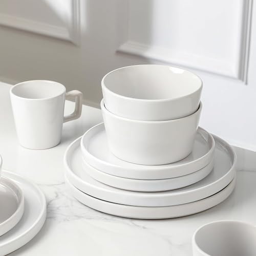 Stone Lain Celina Modern Stoneware 16-Piece Dinnerware Set, Plates and Bowls Set, White Glossy, Dish Set Service For 4 - Image 6