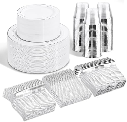 WELLIFE 600 Pcs Sliver Disposable Dinnerware for 100 Guests, Dinnerware Set of 100 Dinner Plates, 100 Salad Plates, 100 Spoons, 100 Forks, 100 Knives, 100 Cups by WELLIFE