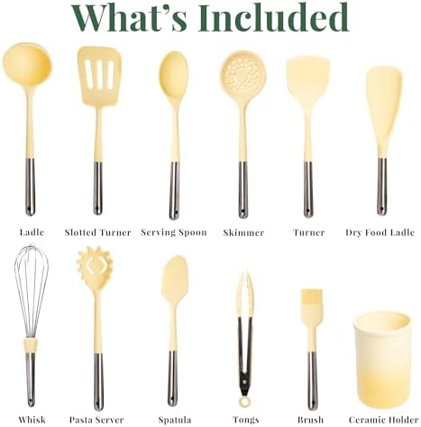 Larder & Vine 12-Piece Silicone Kitchen Cooking Utensils Set with Stainless Steel Handle and Ceramic Holder, Dishwasher Safe Set of Kitchen Essentials (Limoncello) - Image 3