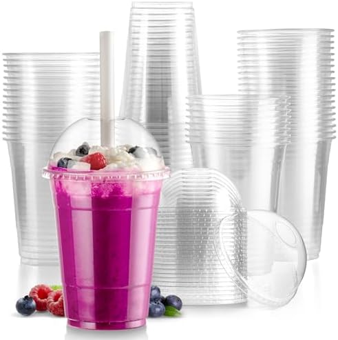 Fit Meal Prep 100 Pack 16 oz Disposable Plastic Coffee Cups with Dome Lids, To Go Iced Coffee Cups with Lids, BPA Free Clear Parfait Cups for Party, Smoothie, Bubble Boba, Juice, Milkshake by FMPBRANDS