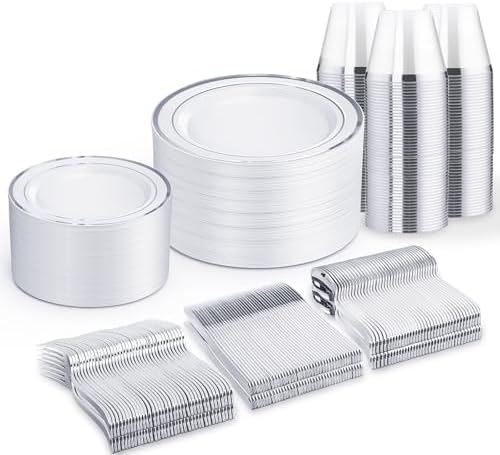 WELLIFE Silver Plates, Plastic Dinnerware Set for 75 Guests, 450 PCS by WELLIFE