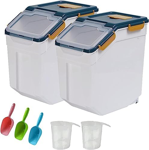 25LB Large Flour Storage Container Bin ,2 Pack Airtight Plastic with Wheels Seal Locking Lid Dispenser Organizer Storage Bin with Measuring Cup & Scoop for Flour, Rice, Grain 50LBS Total by YXQ