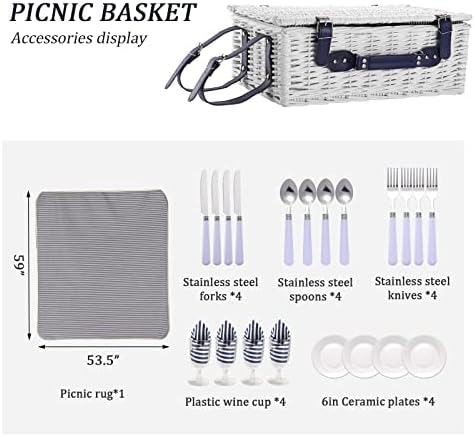 Picnic Basket for 4 with Waterproof Blanket, Blue & White Stripe - Image 3