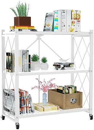 Our Modern Space 3-Tier Foldable Storage Shelf with Wheels | Metal Rack Collapsible Shelving Display | Rolling Cart for Books Kitchen Storage Shelves | Pantry & Closet Organizer | Office Room Decor by OurModernSpace
