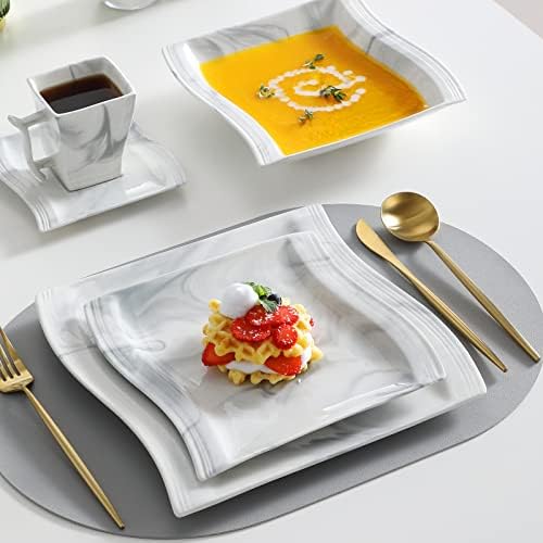 MALACASA Plates and Bowls Sets, 30 Piece Porcelain Dinnerware Sets for 6, Square Dinnerware Set with Dinner Plate, Dessert Plate, Soup Plate, Cup and Saucer, Modern Dish Set, Marble Grey, Series Flora - Image 5
