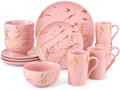 Pink Dinnerware Set for 4, 16-Piece Porcelain, Gold Marble by Loymokinar