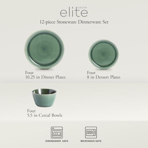 Gibson Elite 12 Piece (Service for 4) Fern Canyon Plates and Bowls Reactive Glaze Modern Coupe Round Dishes Stoneware Ceramic Dinnerware Set - Glossy Green - Image 2