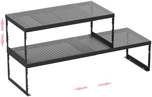 Stackable Expandable Metal Shelf Organizer - Adjustable Wire Storage Rack with Holes for Kitchen, Bathroom, Cabinet, Office - Space Saving, Durable & Sturdy Design（2PACKS/Large/Black by HOMEPAGE