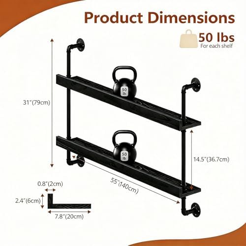 Wall Mounted Wine Rack with LED Light - 2-Tier Solid Wood Industrial Rustic Floating Shelves, Bottle Storage Organizer for Kitchen, Bar, Pub, Cellar, Home Bar (Black, 2-140cm/55.1in) - Image 2