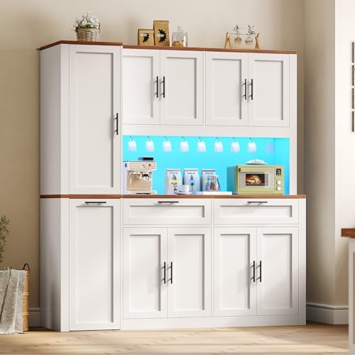 Itaar 71" Kitchen Pantry Cabinet with Charging Station and Led Light, Kitchen Storage Cabinets with Microwave Stand, 59" Wide Pantry Storage Cabinet with Storage Cart 3 Tier for Dining Room, White - Image 3