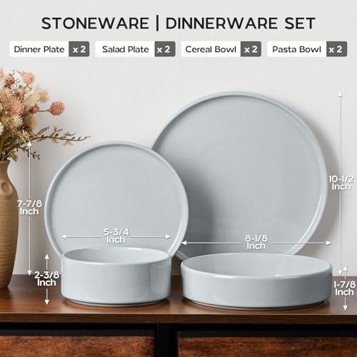 Onader Dinner Plates and Bowls Sets, 8 Pieces Stoneware Dinnerware Service for 2, Gray Ceramic Kitchen Dish Set, Speckled Dishware Dining Ware - Slate Gray - Image 2