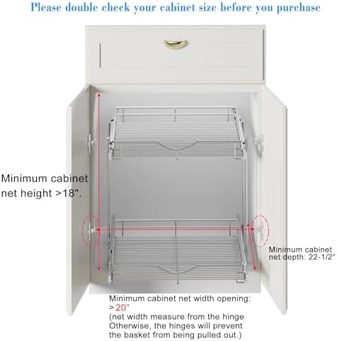 DINDON 2 Tier Pull Out Cabinet Organizer (20" W X 21" D), Double Tier Wire Basket Slide Out Shelf Storage for Kitchen Base Cabinet Organization ​for Kitchen, Pantry, Bathroom, Chrome - Image 4