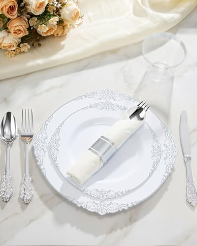 Goodluck 350 Piece Silver Plastic Dinnerware Set for 50 Guests - Image 3