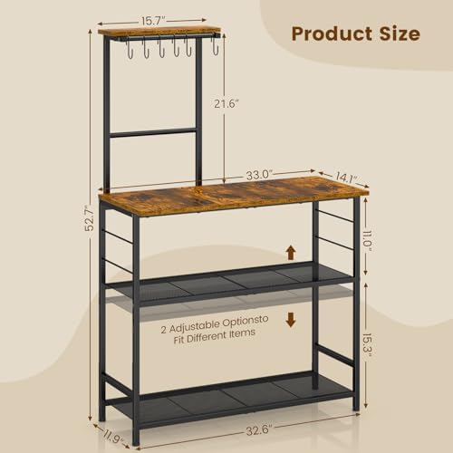 3IngSeagulls Bakers Rack with Storage, Kitchen Microwave Stand with Adjustable Shelf and 6 S Hooks, 4-Tier Coffee Station Table, Kitchen Shelves for Spices, Pots, Rustic Brown - Image 2