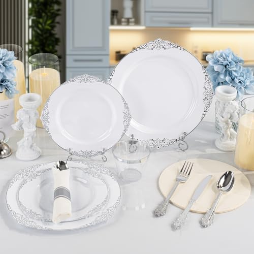 Bestluck 175PCS White Silver Disposable Dinnerware for 25 Guests - Image 4