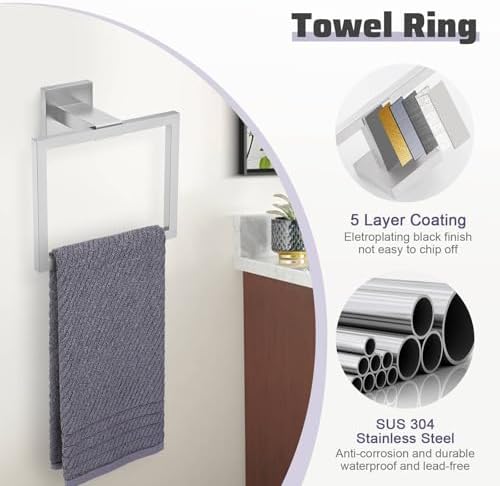 Brushed Nickel Towel Bar Set,5-Piece Bathroom Hardware Set Includes Upgraded Double Base Paper Towel Holder Modern Square Towel Holder Set,Stainless Steel Wall Mount 23.6 Inch - Image 4