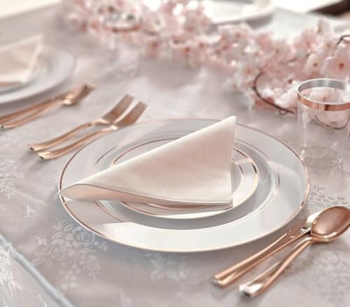 OCCASIONS 120 Plates Pack,(60 Guests) Heavyweight Premium Wedding Party Disposable Plastic Plates Set -60 x 10.5'' Dinner + 60 x 7.5'' Salad/Dessert (White & Rose Gold Rim) - Image 2