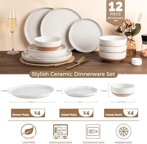 AmorArc Dinnerware Sets for 4, 12 Pieces Ceramic Plates and Bowls Set - Image 3