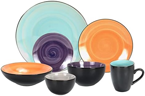 HomeVss, Stoneware Sonoma Dinnerware Set, Black + Speckled Spin Wash (56pc Set, Mix Grey, Orange, Purple, Turquoise) by HomeVSS
