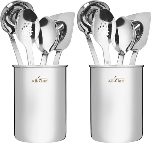 All-Clad 5-Piece Stainless Steel Kitchen Utensil Set – Includes Ladle, Solid Spoon, Slotted Spoon, Turner & Storage Caddy – Heavy-Gauge, Ergonomic, Dishwasher Safe, Silver (Pack of 2) by Unknown