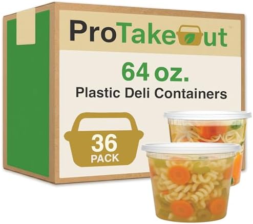 64oz [36 set] Heavy Duty Plastic Deli Container | BPA-Free Food Storage with Airtight Leak‑Proof Lids | Microwave, Freezer & Dishwasher Safe – Stackable, Bulk Reusable Soup & Meal Prep Tub by ProTakeOut
