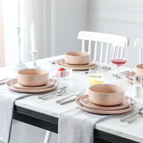 MALACASA Plates and Bowls Sets, 12 Pieces Modern Stoneware Dinnerware Set for 4 Kitchen Dinner Set Ceramic Dishware Dishes Set Microwave and Dishwasher Safe, Pink, Series TARA - Image 5