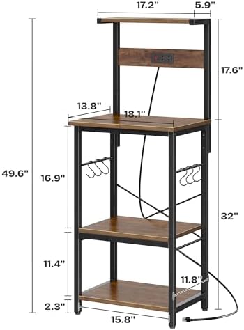 SUPERJARE 4 Tier Bakers Rack with Power Outlets, Microwave Stand with Adjustable Shelf, Kitchen Shelf Organizer for Small Space, Coffee Bar with 6 S Hooks, Kitchen Storage Rack, Rustic Brown - Image 7