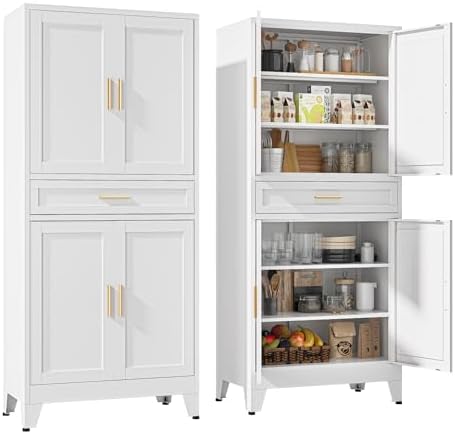YAUWOH 71''Tall Kitchen Pantry Cabinet with Drawer,6-Tiers Metal Pantry Storage Cabinet with 4 Adjustable Shelves and 4 Barn Doors, Freestanding Farmhouse Food Cupboard for Dining Room (1PC,White) by YAUWOHFactoryOutletsColorfulMetalFurniture