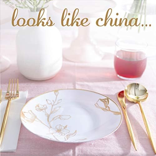 [7'' Plates 40 Count] White Plastic Floral Design Party Plates With Gold Rim Premium heavyweight Elegant Disposable Tableware Dishes - Image 4