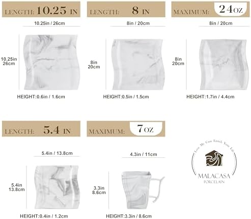 MALACASA Plates and Bowls Sets, 30 Piece Porcelain Dinnerware Sets for 6, Square Dinnerware Set with Dinner Plate, Dessert Plate, Soup Plate, Cup and Saucer, Modern Dish Set, Marble Grey, Series Flora - Image 2